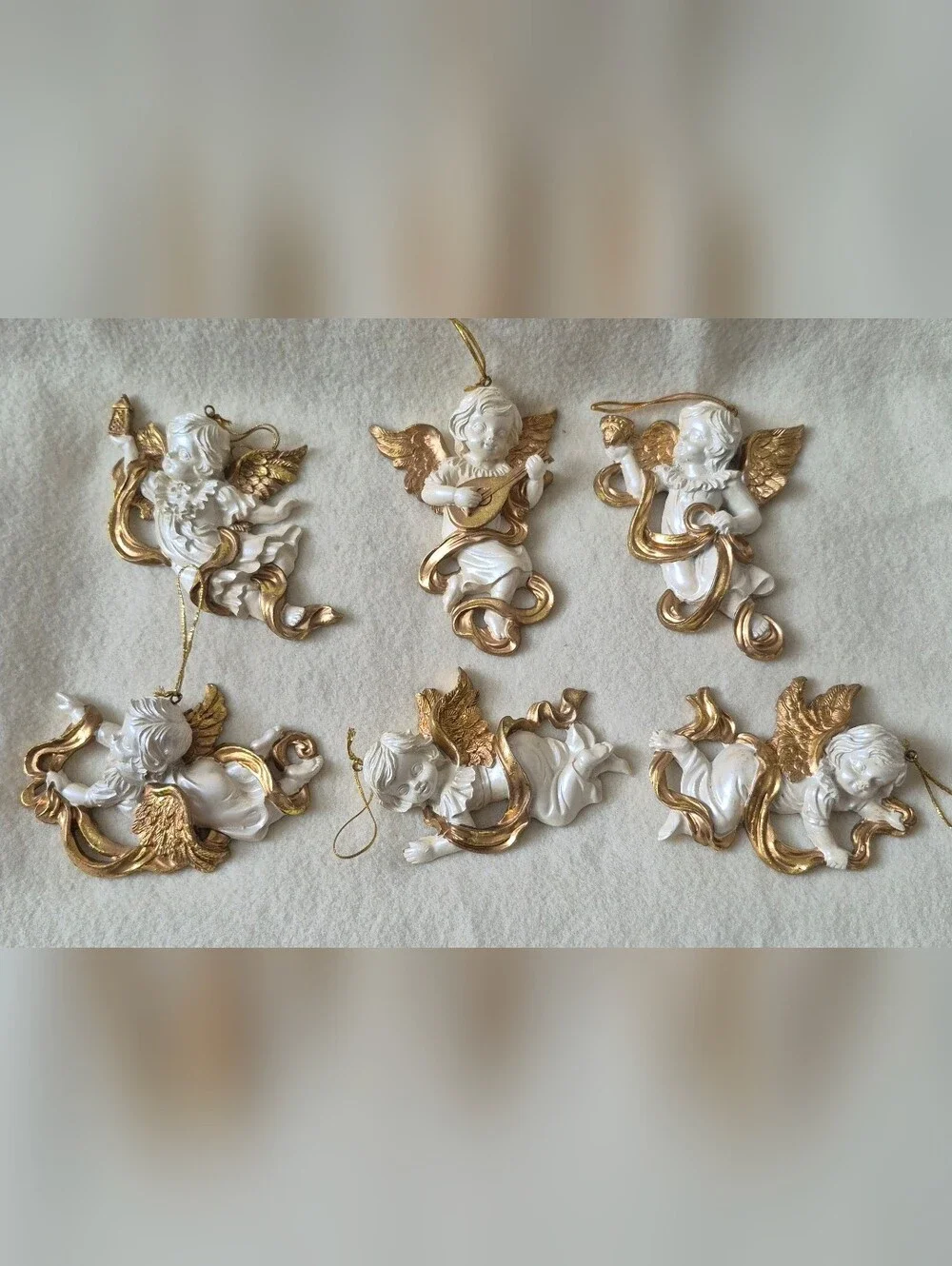 Vintage White and Gold Cherub Holiday Ornaments - Set of 6